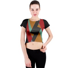 Fractal Design in Red, Soft-Turquoise, Camel on Black Crew Neck Crop Top