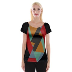 Fractal Design in Red, Soft-Turquoise, Camel on Black Women s Cap Sleeve Top