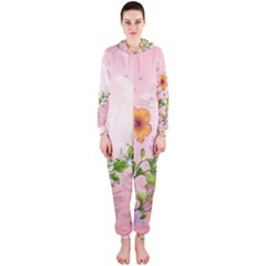 Beautiful Flowers On Soft Pink Background Hooded Jumpsuit (ladies) 