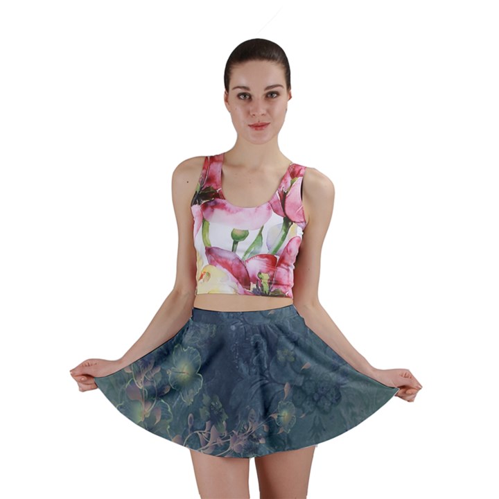 Vintage Floral In Blue Colors Mini Skirts