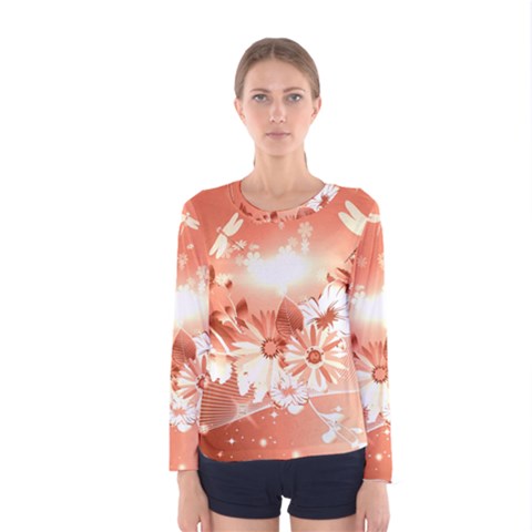 Amazing Flowers With Dragonflies Women s Long Sleeve T-shirts by FantasyWorld7