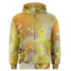 Beautiful Yellow Flowers With Dragonflies Men s Zipper Hoodies