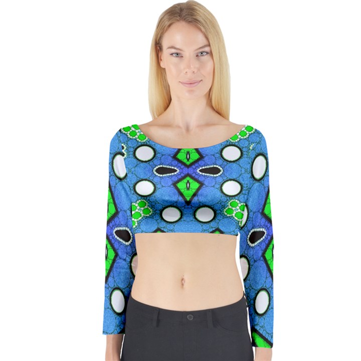 Florescent Blue Green Abstract  Long Sleeve Crop Top