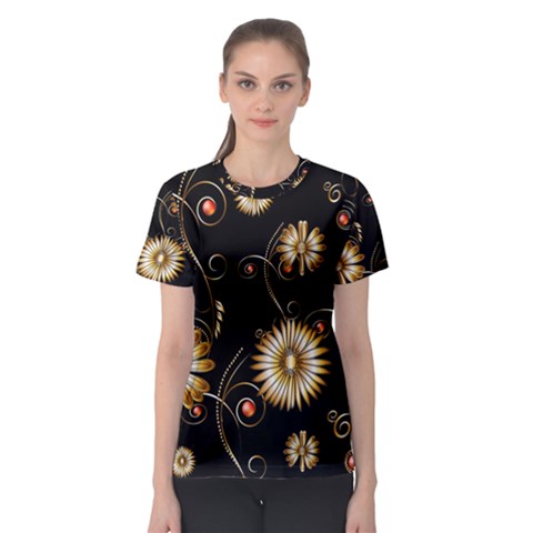 Golden Flowers On Black Background Women s Sport Mesh Tees by FantasyWorld7