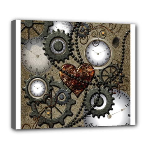 Steampunk With Clocks And Gears And Heart Deluxe Canvas 24  X 20   by FantasyWorld7