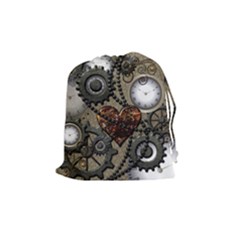 Steampunk With Clocks And Gears And Heart Drawstring Pouches (medium)  by FantasyWorld7