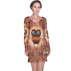 Steampunk, Funny Owl With Clicks And Gears Long Sleeve Nightdresses by FantasyWorld7
