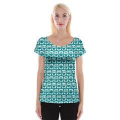 Teal And White Owl Pattern Women s Cap Sleeve Top by GardenOfOphir