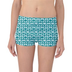 Teal And White Owl Pattern Reversible Boyleg Bikini Bottoms by GardenOfOphir