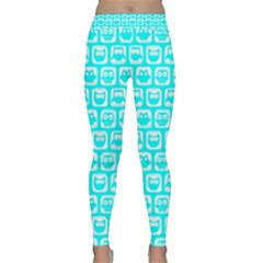 Aqua Turquoise And White Owl Pattern Yoga Leggings by GardenOfOphir