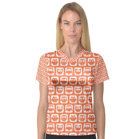 Coral And White Owl Pattern Women s V-neck Sport Mesh Tee by GardenOfOphir