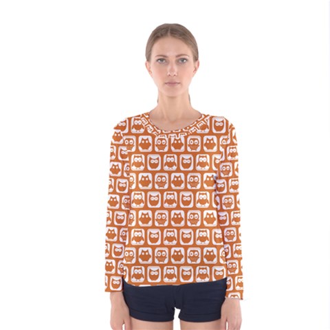 Orange And White Owl Pattern Women s Long Sleeve T-shirts by GardenOfOphir