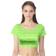 Lime Green And White Owl Pattern Short Sleeve Crop Top by GardenOfOphir