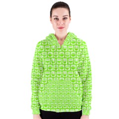 Lime Green And White Owl Pattern Women s Zipper Hoodies by GardenOfOphir