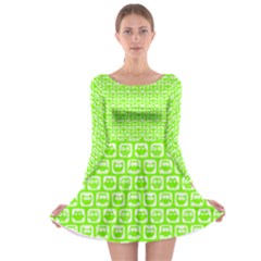 Lime Green And White Owl Pattern Long Sleeve Skater Dress by GardenOfOphir