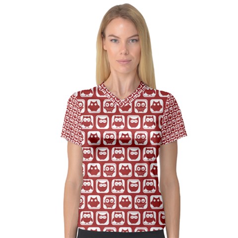 Red And White Owl Pattern Women s V-neck Sport Mesh Tee by GardenOfOphir