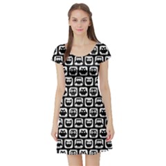 Black And White Owl Pattern Short Sleeve Skater Dresses by GardenOfOphir