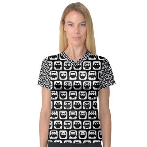 Black And White Owl Pattern Women s V-neck Sport Mesh Tee by GardenOfOphir