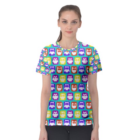 Colorful Whimsical Owl Pattern Women s Sport Mesh Tees by GardenOfOphir