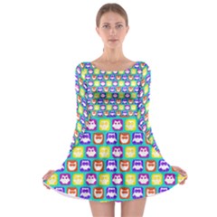 Colorful Whimsical Owl Pattern Long Sleeve Skater Dress by GardenOfOphir