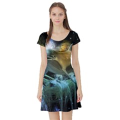 Funny Dolphin In The Universe Short Sleeve Skater Dresses