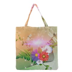 Wonderful Colorful Flowers With Dragonflies Grocery Tote Bags by FantasyWorld7