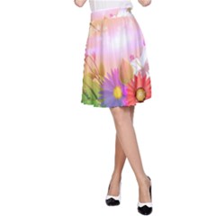 Wonderful Colorful Flowers With Dragonflies A-line Skirts by FantasyWorld7
