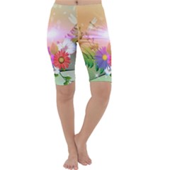 Wonderful Colorful Flowers With Dragonflies Cropped Leggings by FantasyWorld7