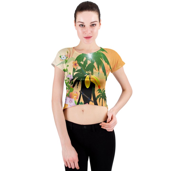Cute Toucan With Palm And Flowers Crew Neck Crop Top