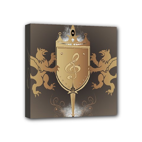 Music, Clef On A Shield With Liions And Water Splash Mini Canvas 4  X 4  by FantasyWorld7