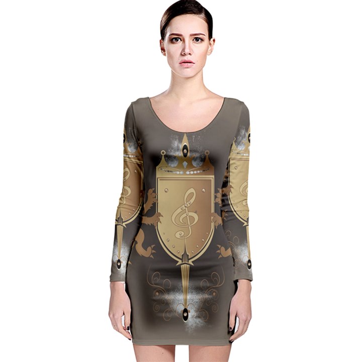 Music, Clef On A Shield With Liions And Water Splash Long Sleeve Bodycon Dresses