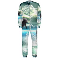 Funny Dolphin Jumping By A Heart Made Of Water Onepiece Jumpsuit (men)  by FantasyWorld7