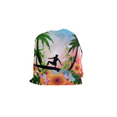 Tropical Design With Surfboarder Drawstring Pouches (small)  by FantasyWorld7