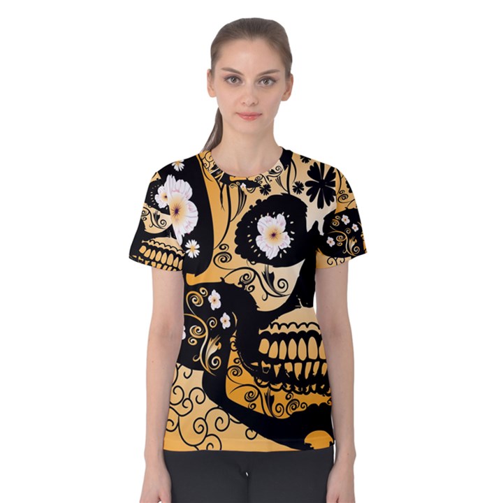 Sugar Skull In Black And Yellow Women s Cotton Tees