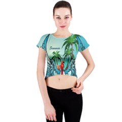 Summer Design With Cute Parrot And Palms Crew Neck Crop Top