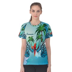 Summer Design With Cute Parrot And Palms Women s Cotton Tees