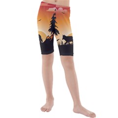 The Lonely Wolf In The Sunset Kid s Swimwear