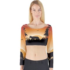 The Lonely Wolf In The Sunset Long Sleeve Crop Top