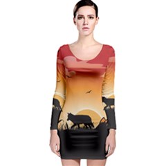 The Lonely Wolf In The Sunset Long Sleeve Bodycon Dresses