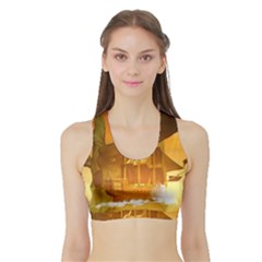 Awesome Sunset Over The Ocean With Ship Women s Sports Bra With Border by FantasyWorld7