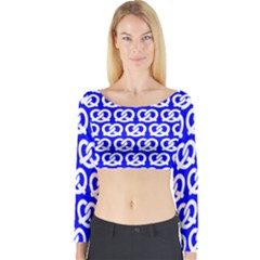 Blue Pretzel Illustrations Pattern Long Sleeve Crop Top by GardenOfOphir