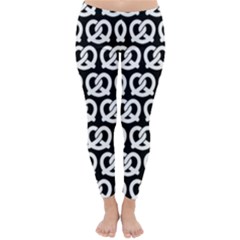 Black And White Pretzel Illustrations Pattern Winter Leggings by GardenOfOphir