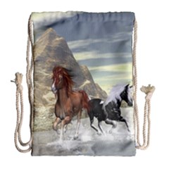 Beautiful Horses Running In A River Drawstring Bag (large) by FantasyWorld7