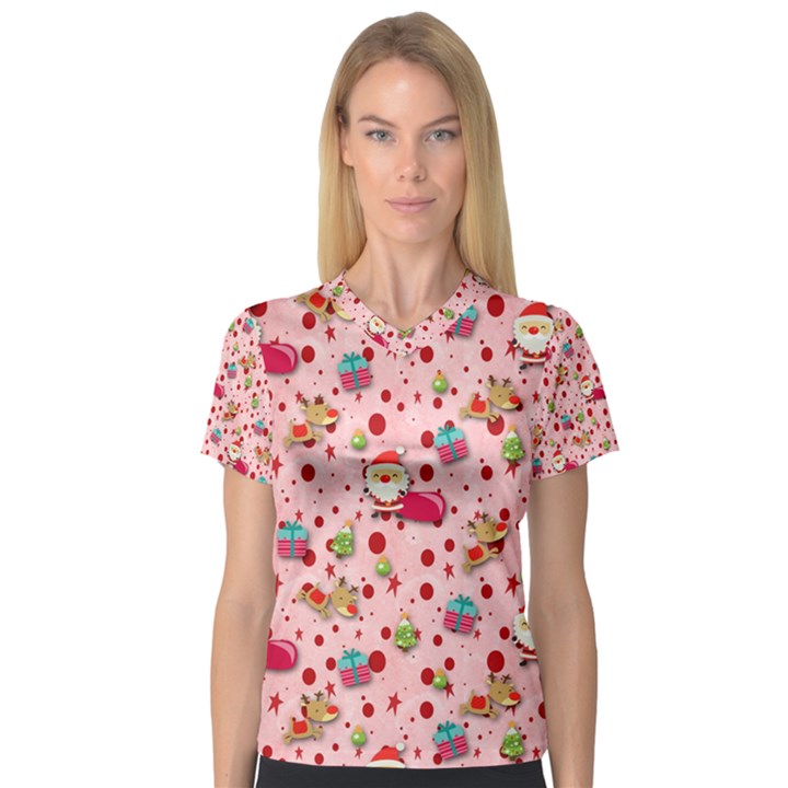 Red Christmas Pattern Women s V-Neck Sport Mesh Tee