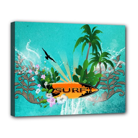 Surfboard With Palm And Flowers Canvas 14  X 11  by FantasyWorld7