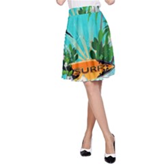 Surfboard With Palm And Flowers A-Line Skirts