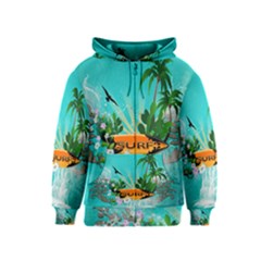 Surfboard With Palm And Flowers Kids Zipper Hoodies