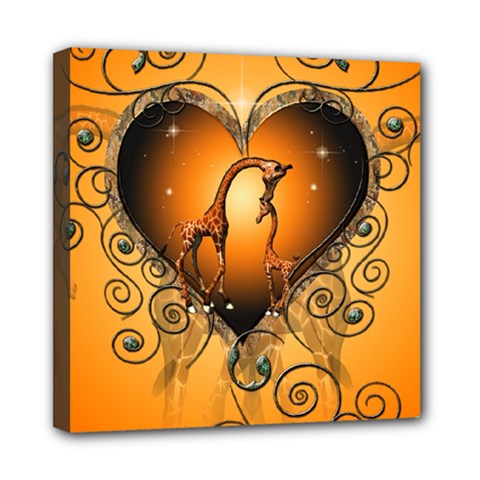 Funny Cute Giraffe With Your Child In A Heart Mini Canvas 8  X 8  by FantasyWorld7