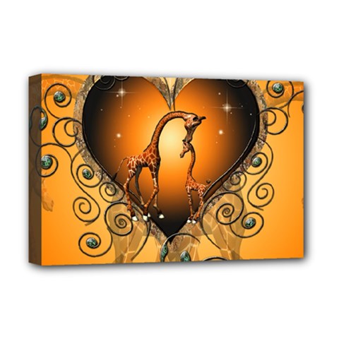 Funny Cute Giraffe With Your Child In A Heart Deluxe Canvas 18  X 12  