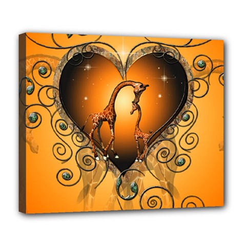 Funny Cute Giraffe With Your Child In A Heart Deluxe Canvas 24  X 20   by FantasyWorld7